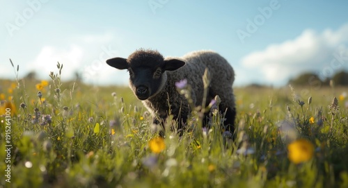 Romanov black lamb exploring nature on a bright morning