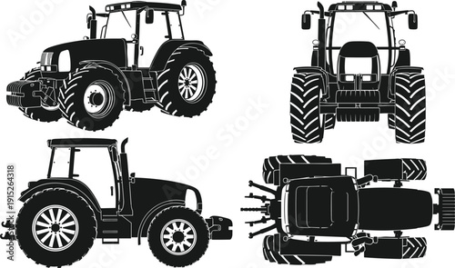 Black Vector Silhouette of Modern Agricultural Tractor Set with Front Side Back and Top View Perspectives Isolated on White Background for Farm Machinery Design