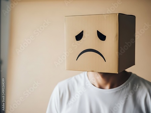 Close Up of Man Wearing Sad Face Cardboard Box Mask. Generative Ai