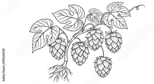 Black and white line drawing of a hop plant with several cones, leaves, tendrils, and roots, perfect for brewing industry logos, beer labels, botanical illustrations, or packaging designs.