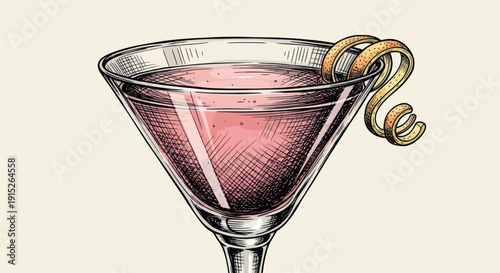 A vibrant hand drawn pink cocktail in a classic martini glass with a citrus peel garnish perfect for beverage menus recipe books or promotional material for bars and restaurants