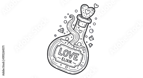 Magical love potion bottle featuring a heartshaped cork and swirling liquid, ideal for romantic gifts, greeting motifs, or enchanting coloring book pages.