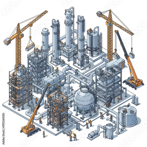 Industrial Construction Site with Cranes and Pipelines.