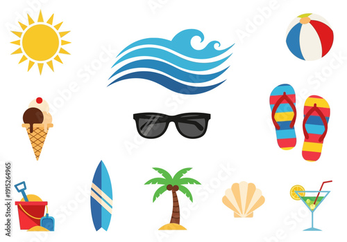 Summer Beach Holiday Icons: Sun, Waves, Sunglasses, Ice Cream, and More