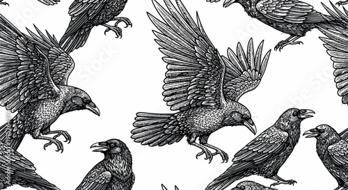 Grayscale raven and crow bird repeating print featuring highly detailed flying and standing birds in a classic woodcut style perfect for elegant wallpaper and textile fabric designs.