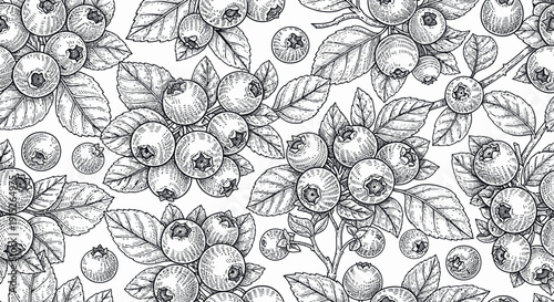 Black and white hand drawn blueberries and leaves on branches creating a seamless repeating botanical print suitable for textile fabric wallpaper packaging and surface projects