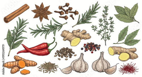 A vibrant collection of essential cooking spices and aromatic herbs including cinnamon star anise ginger turmeric chili and garlic perfect for culinary and food related projects