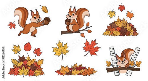 Charming autumn squirrels gathering delicious acorns and surrounded by a delightful array of colorful fall leaves, ideal for seasonal educational resources, playful marketing campaigns, or