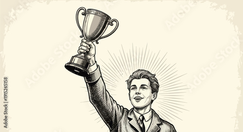 Happy young man proudly holding up a shimmering trophy in a triumphant gesture, symbolizing success and achievement, perfect for motivational or celebratory content