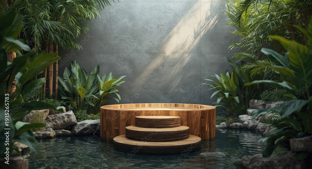 Obraz premium Environmental spa design with natural wood log texture on matte gray background and copy space