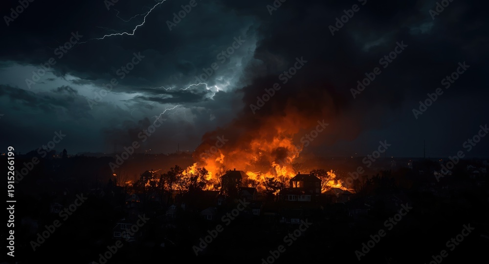 Fototapeta premium Homes on fire at night with heavy smoke and dramatic dark cloud coverage