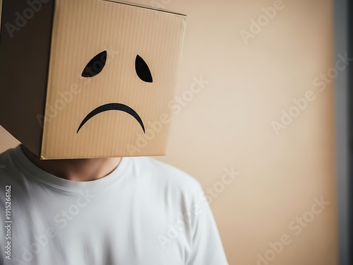 Close Up of Man Wearing Sad Face Cardboard Box Mask. Generative Ai