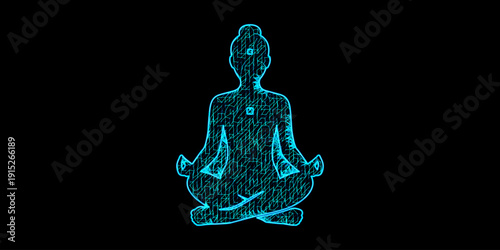 Cybernetic Woman Meditating Vector - Digital Mesh Mindful Technology and Mental Health AI Zen Silhouette