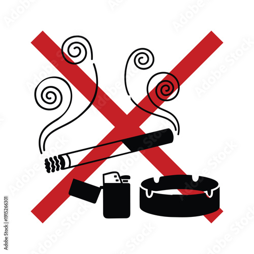 No smoking vector illustration featuring cigarette lighter ashtray and red cross