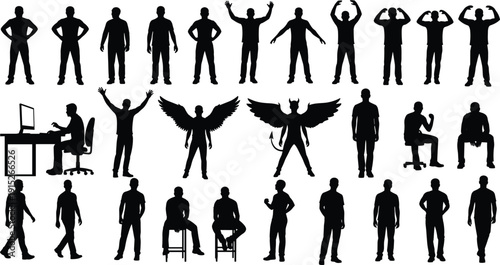 Black Vector Silhouette Set of Male Figures in Various Poses Including Standing Sitting Walking Angel and Devil Wings Isolated on White Background for Graphic Design