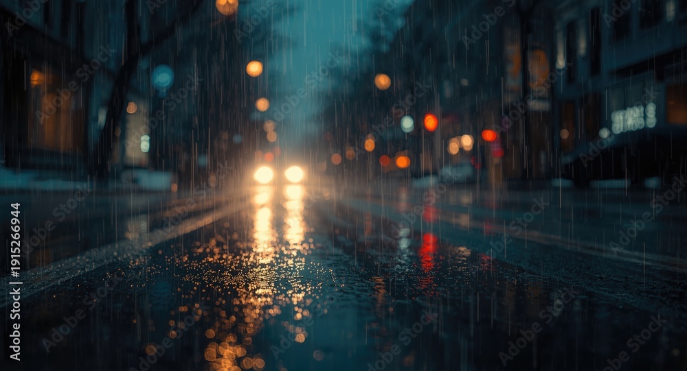Fototapeta premium Night street scene in winter rain with glowing bokeh light artistic abstraction