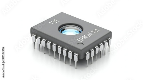 Erasable programmable read only memory eprom chip with glass quartz window and silver pins on gray body