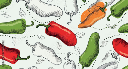 Vibrant and hand drawn chili peppers in various colors and sketch styles forming a seamless culinary surface ideal for food packaging kitchen decor or spicy restaurant menus