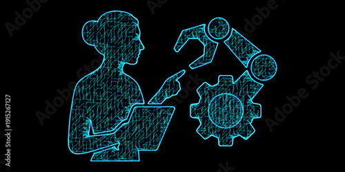 Woman Pointing at Robotic Arm Vector - Digital Mesh Female Engineer with Industrial Robot for Automation and STEM Technology