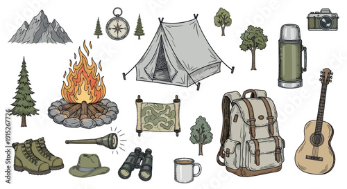 Outdoor adventure and camping essentials including a tent, mountains, campfire, hiking boots, compass, backpack, and camera for travel and nature exploration projects.
