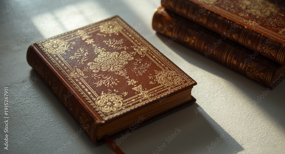 Fototapeta premium Antique 19th century decorative leather books with intricate gold embossed floral covers on white surface