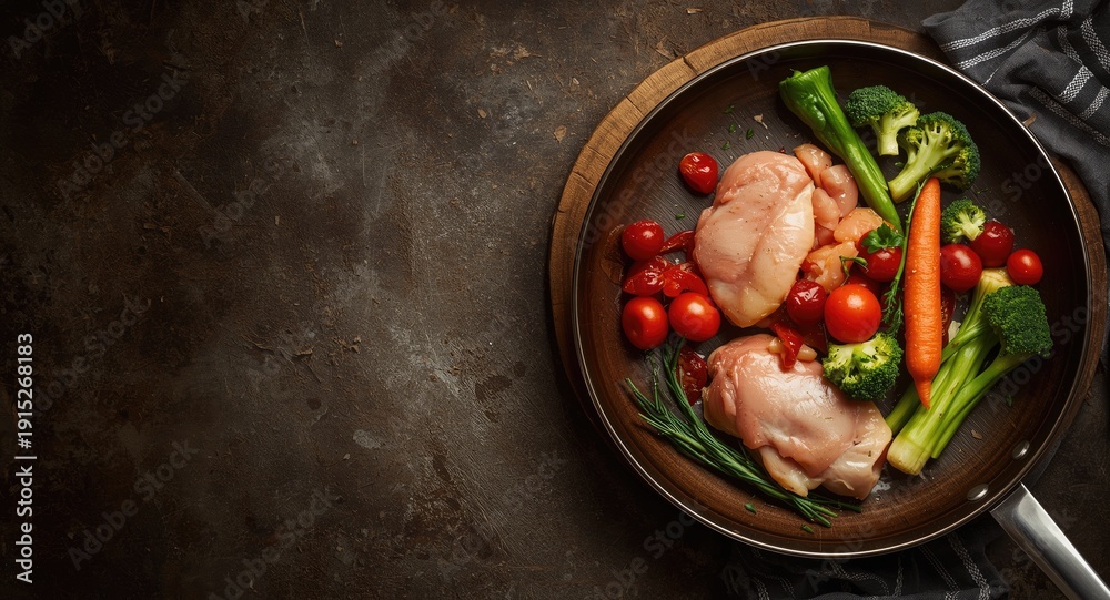 © NeuralNiche - Overhead shot of uncooked chicken breasts and colorful vegetables arranged on rustic wooden plate near frying pan with empty copy space for healthy meal prep