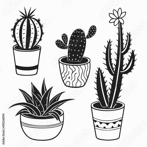 Black and white silhouette of five potted cacti and succulents cactus plant