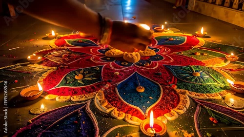 Vibrant Rangoli Design with Lit Candles.