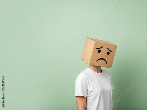 Man in White T-shirt Wearing Sad Cardboard Box Mask. Generative Ai