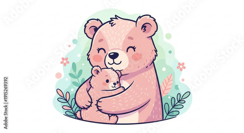 Adorable mother bear hugging her cub cute cartoon illustration for childrens books and greeting cards symbolizing love and family