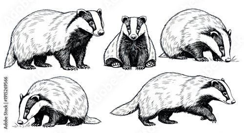 Collection of detailed hand drawn badgers in various dynamic poses perfect for wildlife guides educational materials nature themed publications and animal conservation projects