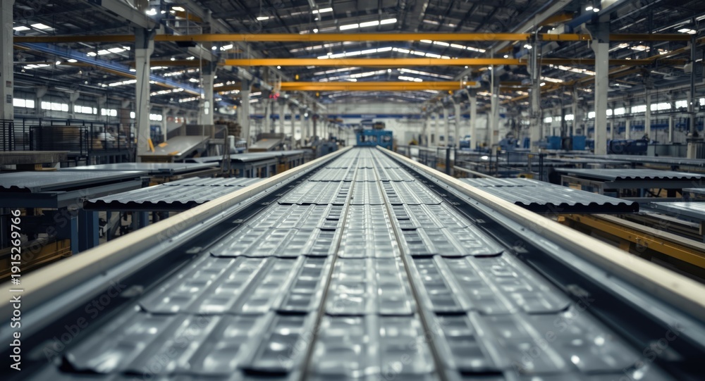 Fototapeta premium Production line conveyor belt forming metal sheets in industrial roof tile factory