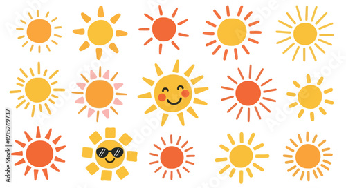 Vibrant collection of cheerful sunshine symbols featuring diverse ray styles and friendly faces, ideal for playful summer designs, kidfriendly projects, or meteorological displays.