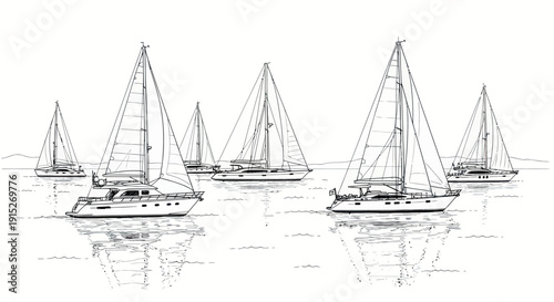 A dynamic graphic depiction of multiple elegant sailboats cruising together on calm ocean waters under a clear sky, ideal for travel publications and marine leisure advertisements.