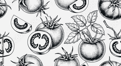 Vintage style hand drawn black and white seamless pattern featuring fresh whole and sliced ripe tomatoes with green leaves ideal for food packaging kitchen textiles and recipe book covers