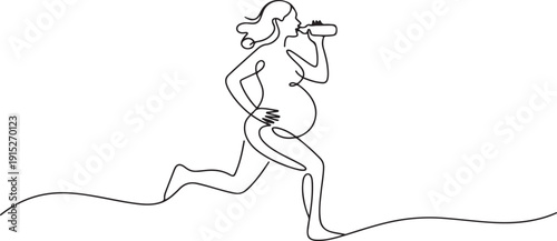 Continuous single drawn one line pregnant woman running and drinking hand drawn picture silhouette. one line Art icon drawing vector