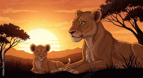 Lioness and cub resting on savanna at sunset warm golden hour light African wildlife illustration for nature and conservation themes