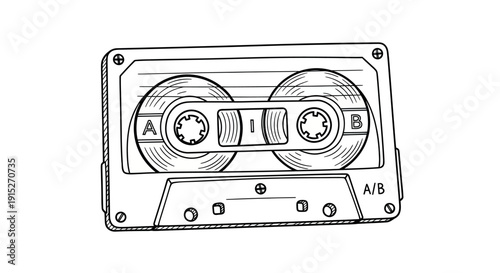 Black and white line drawing of a classic audio cassette tape with side A and B markings perfect for music history projects or nostalgic multimedia content