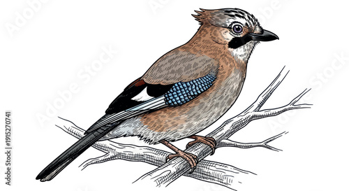 A lively detailed perching bird showcasing its unique plumage and black and blue wing patterns while gripping a tree branch, suitable for nature guides and educational applications.