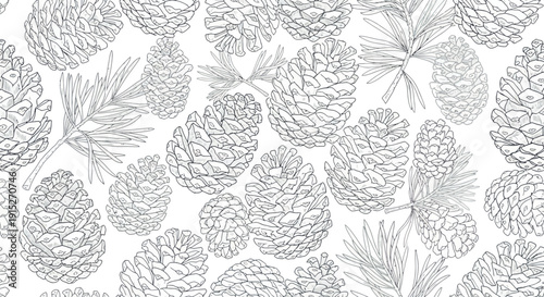 Seamless monochrome outline of conifer cones and evergreen foliage ideal for winter holidays packaging paper textile printing or seasonal event decorations