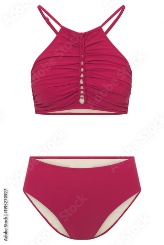 Schilderij op canvas Red Two- Piece Swimsuit with Halter and Waisted Bottoms