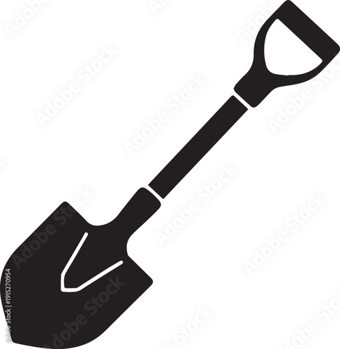 Black silhouette of a shovel isolated on white background, gardening and construction tool shadow illustration, minimal farm and industrial equipment design