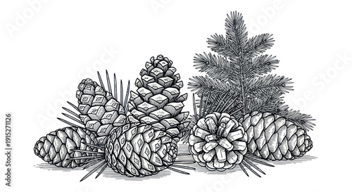 A rustic handdrawn botanical arrangement of natural pine cones and evergreen conifer needles perfect for winter holiday greeting decorations or naturethemed outdoor seasonal designs