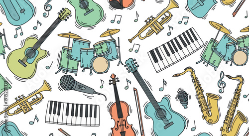 Playful doodle style musical instruments and scattered music notes creating an engaging visual theme ideal for music school promotions, concert flyers, or creative projects.