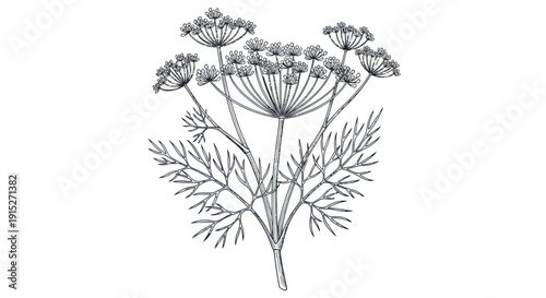 Botanical line drawing of fragrant dill herb featuring intricate foliage and flowering heads ideal for natural food product labels or healthy lifestyle publications.