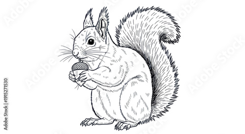Detailed sketch of a fluffy forest squirrel holding an autumn acorn perfect for educational materials and nature themed projects