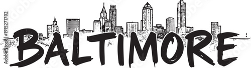 Canvastavla Ink sketch of baltimore city buildings with grunge lettering and abstract urban