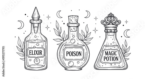 Mystical elixir poison and magic potion bottles with celestial and botanical accents perfect for Halloween witchcraft themes or enchanting graphic projects