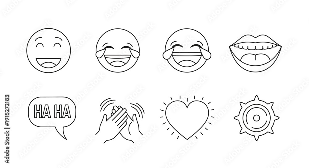 Obraz premium A collection of line art icons depicting various emotions and reactions, including laughing faces, an open mouth, a 'HA HA' speech bubble, clapping hands, a heart, and a gear.