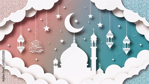 Elegant Islamic architecture under starry night sky with crescent moon